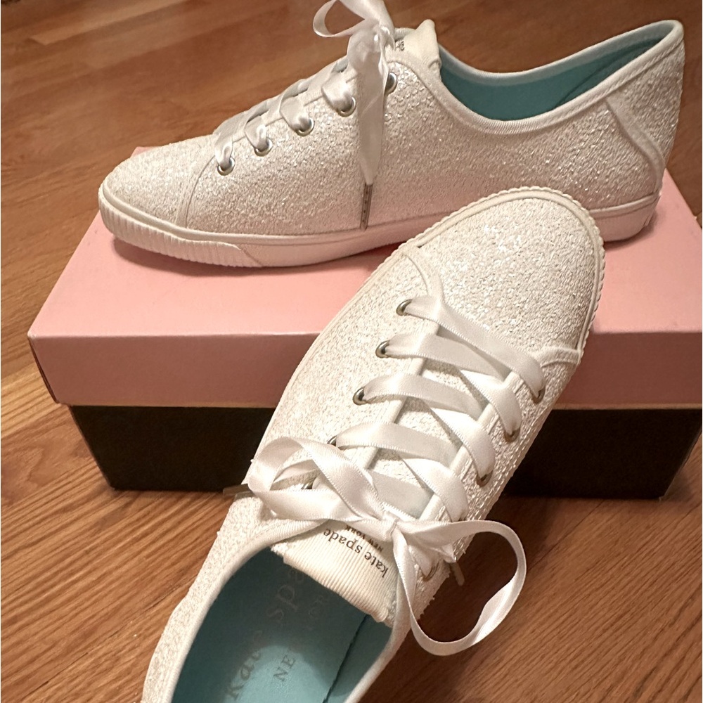 NEW Kate Spade Trista White Glitter Sneakers w/ satin laces size 9